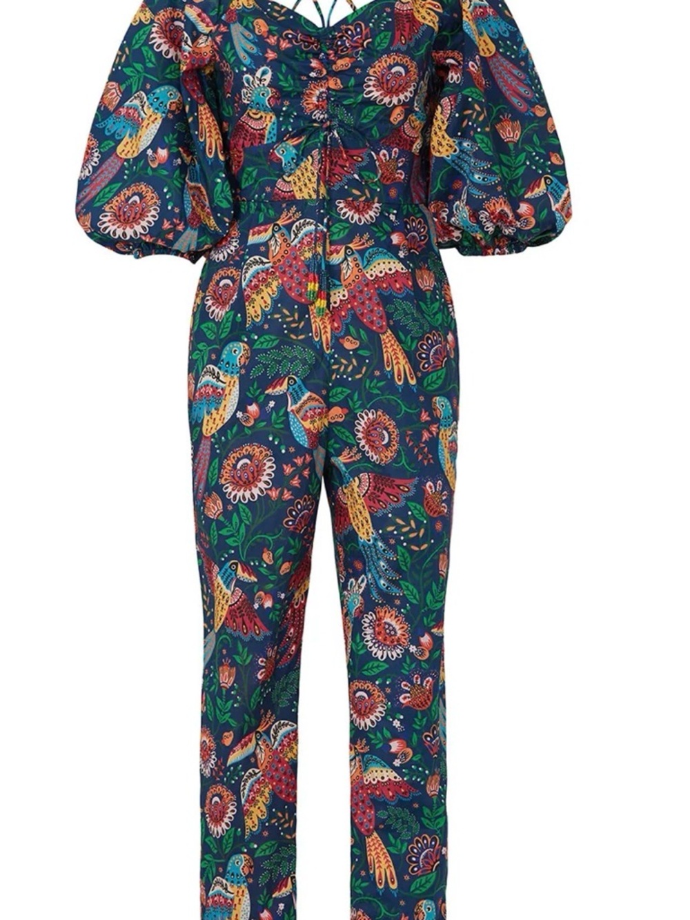 FARM Rio Navy Floral Print V-Neck Jumpsuit with Puff Sleeves - Picture 3 of 4